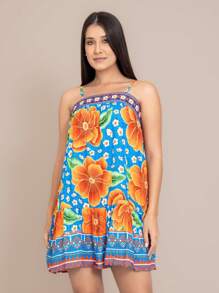 Meimi Women's Short Dress With Adjustable Strap Loose Printed Flowers Beach Modern Cami Stylish Fresh Floral Casual Behaved Ruffled Hem Summer Straight Neck Elegant Boho Vintage Sleeveless - 藍色 - 查看 1