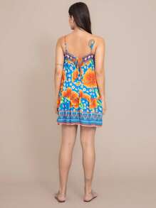 Meimi Women's Short Dress With Adjustable Strap Loose Printed Flowers Beach Modern Cami Stylish Fresh Floral Casual Behaved Ruffled Hem Summer Straight Neck Elegant Boho Vintage Sleeveless - 藍色 - 查看 6