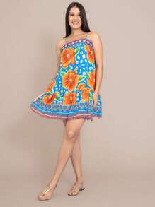 Meimi Women's Short Dress With Adjustable Strap Loose Printed Flowers Beach Modern Cami Stylish Fresh Floral Casual Behaved Ruffled Hem Summer Straight Neck Elegant Boho Vintage Sleeveless - 藍色 - 查看 4