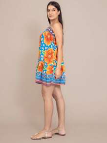 Meimi Women's Short Dress With Adjustable Strap Loose Printed Flowers Beach Modern Cami Stylish Fresh Floral Casual Behaved Ruffled Hem Summer Straight Neck Elegant Boho Vintage Sleeveless - 藍色 - 查看 5