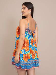 Meimi Women's Short Dress With Adjustable Strap Loose Printed Flowers Beach Modern Cami Stylish Fresh Floral Casual Behaved Ruffled Hem Summer Straight Neck Elegant Boho Vintage Sleeveless - 藍色 - 查看 3