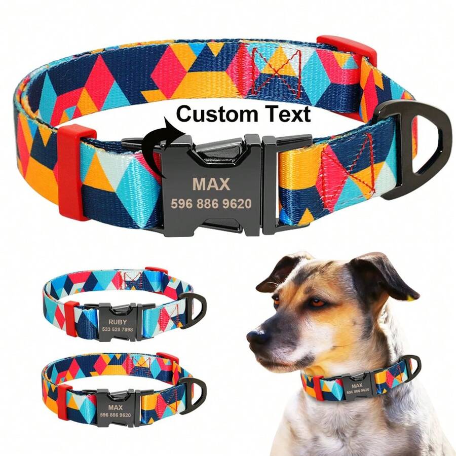 Customized Asymmetrical Polygon Print Nylon Personalized Pet Collar, Adjustable & Anti-Lost - Orange - View 1