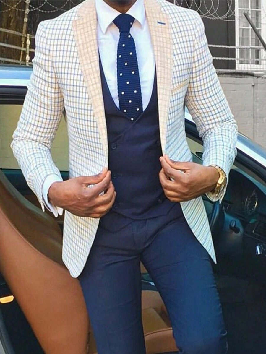 1pc Slim Fit Checked Pattern Tailored Suit Jacket - White - View 1