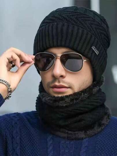 1 Set Gorro de punto y cuello térmico de unicolor para exteriores, unisex, adecuado para exteriores, calle, uso diario, gorro de moda, regalo ideal