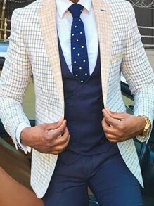 1pc Slim Fit Checked Pattern Tailored Suit Jacket - White - View 2