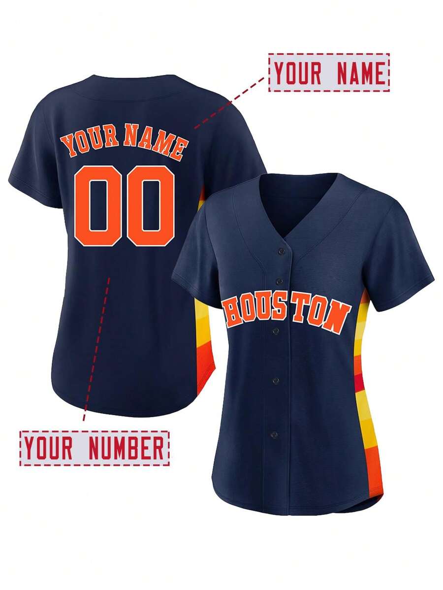 Tên và số tùy chỉnh DIY dành cho nữ Áo bóng chày thêu cổ chữ V màu xanh Houston Áo sơ mi ngắn tay cài khuy cá nhân Trò chơi tiệc tùng Cuộc thi huấn luyện Áo thể thao S-Xxl DIY - Màu xanh lam - Xem 1