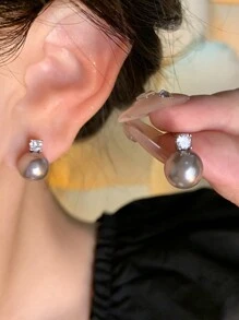 高品质手工耳环，纽扣式仿珍珠耳环，镀金925纯银柱形耳钉，立方氧化锆，低过敏性仿珍珠耳环，新娘婚礼，女士生日礼物，情人节配饰 - 銀色 - 查看 7