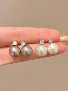 高品质手工耳环，纽扣式仿珍珠耳环，镀金925纯银柱形耳钉，立方氧化锆，低过敏性仿珍珠耳环，新娘婚礼，女士生日礼物，情人节配饰 - 銀色 - 查看 8