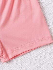 2pcs Baby Girls' Cute Heart Pattern Print T-Shirt And Shorts Set, Summer - Pink - View 4