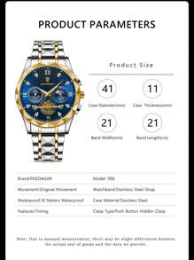 POEDAGAR 1pc Classic Quartz Chronograph Wrist Watch For Men, Water Resistant With Gift Box