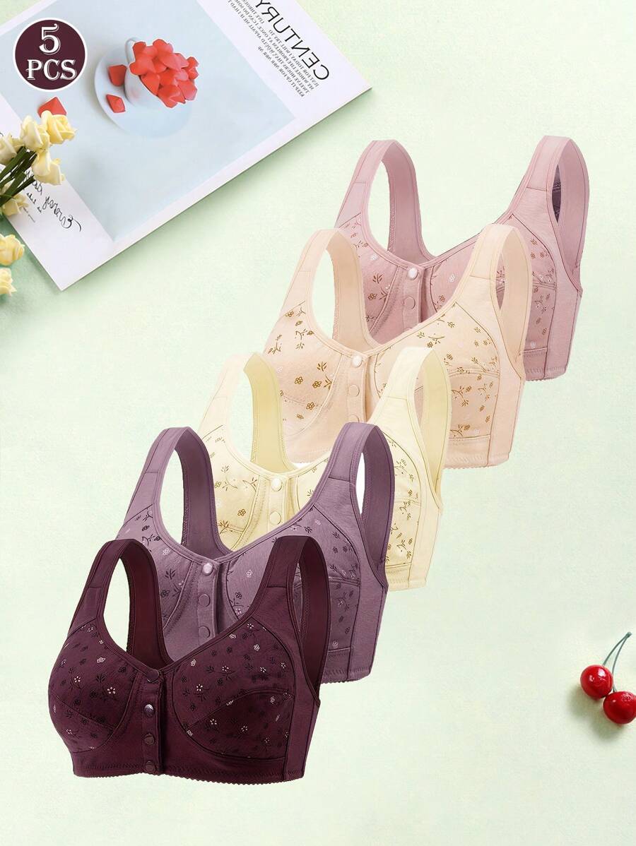 5pcs/Set Women's Front Closure Printed Soft Bralette Bra Wireless, Tank Top Style, Lingerie - Multicolor - View 1