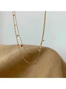 1pc Gold-Color Double Layered Tassel Beaded Stainless Steel Necklace For Men & Women, Simple, Street Style, Casual