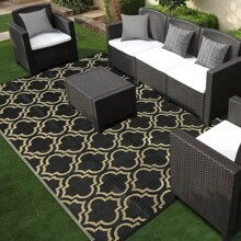 Outdoor Plastic Straw Rug For Patio Waterproof, 8x10 Large Reversible Portable Outside Porch Rugs Carpet For Camping Picnic Mat, RV, Backyard, Balcony, Deck, Black & Beige
