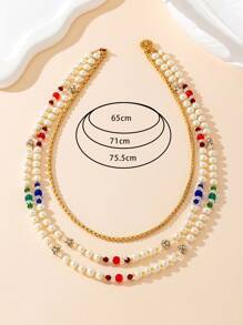 1pc Fashionable & Versatile Handmade Design Glass Pearl Necklace, Available In Wine Red, Emerald Green, Azure Blue, Copper Rhinestone Circle Snake Chain - Multicolor - View 2
