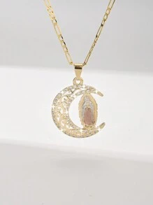 1pc Fashionable & Simple Copper Inlaid Cubic Zirconia 3-Tone Hand-Painted Virgin Mary Moon Pendant Necklace, Comes In Gift Box, Suitable For Gifting To Couple, Friends, Bless The Best Wishes, Wear Daily Or Festivals Valentines - Yellow Gold - View 8