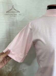High-Neck Cotton Tshirts Inspired By Zaara, Plain T-Shirt, Basic Casual, Stripped, Women's Blouse, T-Shirt, 100% Cotton, Fashion Tee, Summer 2024 - 淺粉色 - 查看 7