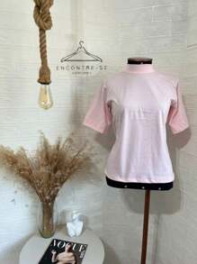 High-Neck Cotton Tshirts Inspired By Zaara, Plain T-Shirt, Basic Casual, Stripped, Women's Blouse, T-Shirt, 100% Cotton, Fashion Tee, Summer 2024 - 淺粉色 - 查看 5
