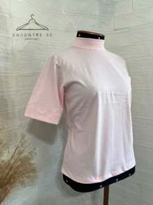 High-Neck Cotton Tshirts Inspired By Zaara, Plain T-Shirt, Basic Casual, Stripped, Women's Blouse, T-Shirt, 100% Cotton, Fashion Tee, Summer 2024 - 淺粉色 - 查看 6