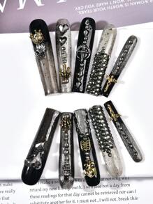 10pcs Y2K Extra Long 3D Handemade Press On Nails Halloween Skull Crown Ghost Claw Diamond Decoration Square Long Nail Fake Nail, 1pc Nail File And 1pc Nail Glue, Suitable For Girls And Women Festival Parties And Daily Wear Holiday Gifts Nail Art Nail Salon - Black - View 4