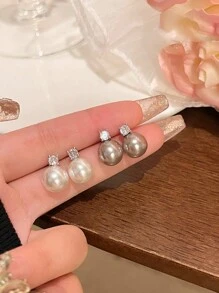 高品质手工耳环，纽扣式仿珍珠耳环，镀金925纯银柱形耳钉，立方氧化锆，低过敏性仿珍珠耳环，新娘婚礼，女士生日礼物，情人节配饰 - 銀色 - 查看 5