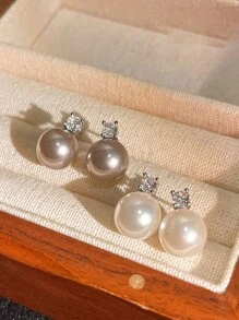 高品质手工耳环，纽扣式仿珍珠耳环，镀金925纯银柱形耳钉，立方氧化锆，低过敏性仿珍珠耳环，新娘婚礼，女士生日礼物，情人节配饰 - 銀色 - 查看 3