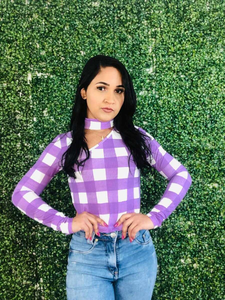 Blouse Long Sleeve Blouse With Plaid Ribbed Front Collar - 離開 - 查看 1