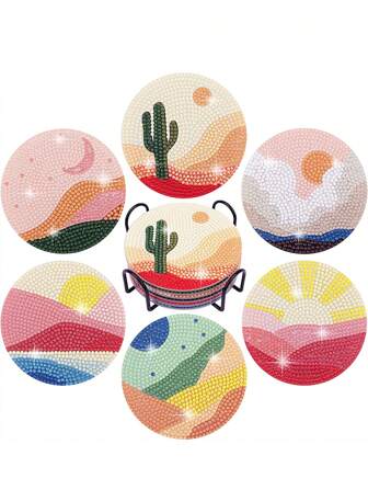 6pcs/Set Starry Landscape Pattern Diamond Painting DIY Coaster, Asymmetric AB Rhinestone, With Cup Holder