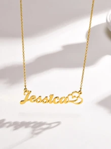 1PC Simple Stainless Steel Customized Name Necklace,Women's Silver Double Hollow Heart Pendant,45+5cm Chain Long Neck Chain Charms,Customized Jewelry,Valentine's Day Birthday Summer Vacation Accessories Gift - Gold - View 9