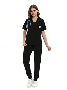 具心形領口的護士服套裝 - 黑色 - 查看 5