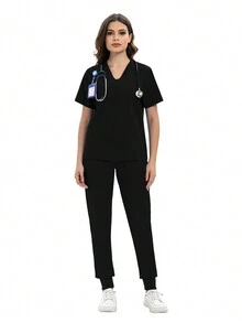 具心形領口的護士服套裝 - 黑色 - 查看 1