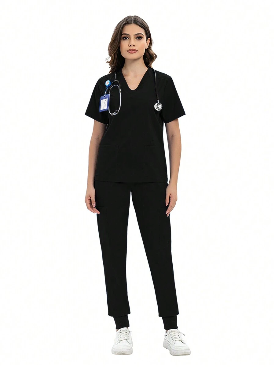具心形領口的護士服套裝 - 黑色 - 查看 1