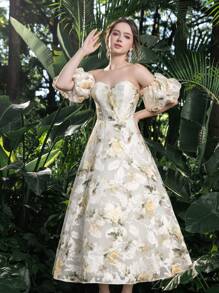 Elegant Off Shoulder Puff Sleeves Floral Jacquard Homecoming Prom Dress Perfect For Back To School, Gathering, Dance & Cocktail Events - White - View 8