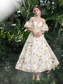 Elegant Off Shoulder Puff Sleeves Floral Jacquard Homecoming Prom Dress Perfect For Back To School, Gathering, Dance & Cocktail Events - White - View 5