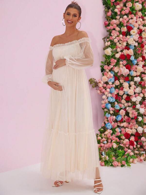 Sukienka wieczorowa ciążowa z odkrytymi ramionami, z prześwitującej siateczki i tiulu, z długimi rękawami, elegancka, na imprezę