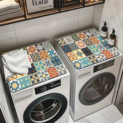 1pc Vintage Plaid Print Washing Machine Dust Cover, Quick-Dry Absorbent Protective Pad, Suitable For Washing Machine And Dryer, Modern Practical Mat, Applicable For Laundry Room And Kitchen Decor