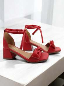 Women's Lace-Up Sandal With Low Thick Heels 5cm Comfortable Soft Insole Colors Red, Black, Nude, White - Đỏ - Xem 2