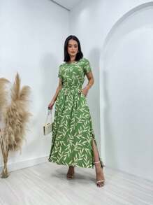 Steve Store Women's Fashion Skirt Set With Blouse With Short Sleeves Viscolinho Fabric - 綠色 - 查看 1