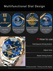 POEDAGAR 1pc Classic Quartz Chronograph Wrist Watch For Men, Water Resistant With Gift Box