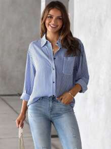 Women's Long Striped Long Sleeve Shirt - 藍色 - 查看 4