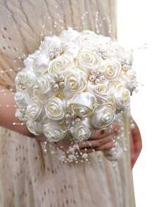 1PC White Wedding Bouquet For Bridal With Rhinestone Brooch Satin Holding Toss Artificial Flowers Bouquet For Bride Bridesmaid Quinceanera Handmade Satin Rose Bridal Bouquet Stunning Wedding Bouquets - 白色 - 查看 4