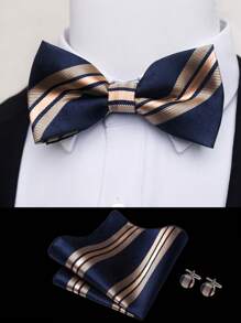 AlanKing 1set Premium Striped Bow Tie, Pocket Square, Cufflinks Suit Accessories Gift Set For Men Men Necktie