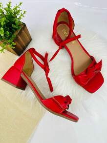 Women's Lace-Up Sandal With Low Thick Heels 5cm Comfortable Soft Insole Colors Red, Black, Nude, White - Đỏ - Xem 4