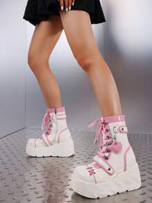 Womens Goth Ankle Boots Platform Chunky High Heel Lace Up Zipper Round Toe Combat Boots - Pink - View 4