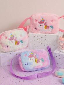 1pc Kid's Cartoon Plush Unicorn Crossbody Bag, Cute Shibori Dye Square Small Bag With Adjustable Strap For Coins, Accessories, Toys, Random Shibori Placement