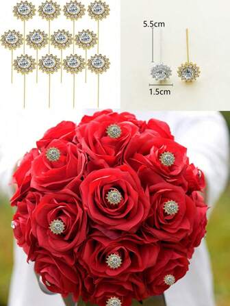12Pcs Flower Decoration Pins Wedding Bouquet Pins Rhinestone Head Flower Straight Pin Flower Corsage Boutonniere Pins For Wedding Bridal Hair Accessories Jewelry Decoration DIY Craft Sewing