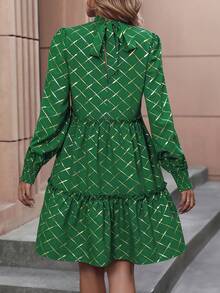 女士迷你荷叶边立领优雅连衣裙 - 墨綠色 - 查看 2
