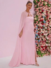 Váy bầu màu trơn hở lưng xẻ cao gợi cảm thanh lịch kèm áo choàng voan mỏng cho tiệc - Hồng - Xem 5