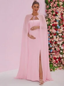 Váy bầu màu trơn hở lưng xẻ cao gợi cảm thanh lịch kèm áo choàng voan mỏng cho tiệc - Hồng - Xem 4