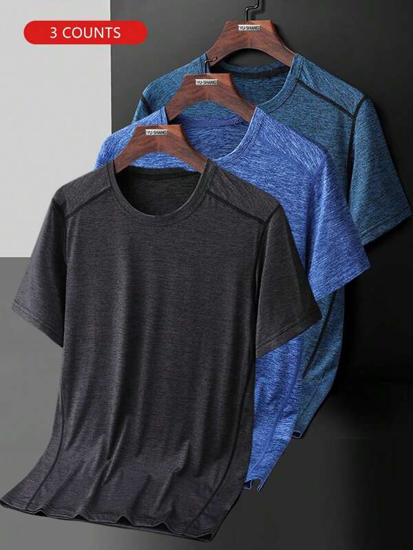 3pcs/Set Boyfriend Style Men's Crew Neck Outdoor Casual Sports Short Sleeve Shirts (Dark Grey + Sapphire Blue + Postal Blue)