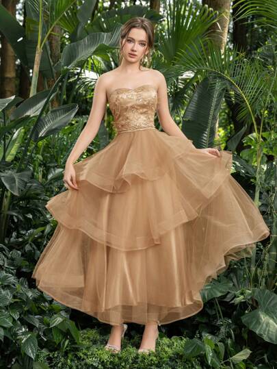 Faeriesty Prom Dresses Gorgeous Strapless Tulle Midi Dress With Floral Embroidery & Sequin Accents, Beaded Bodice With Crisscross Back Tie, Multi-Layered Flowy Skirt, Elegant Romantic Formal Design, Perfect For Garden Weddings, Bridal Showers, Evening Receptions